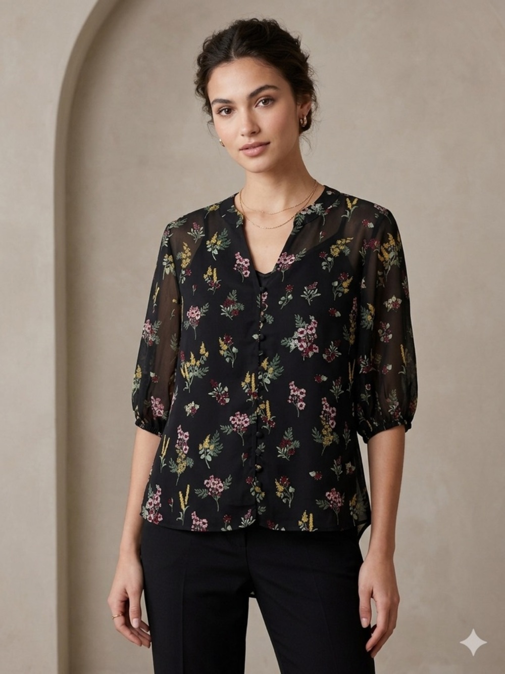 APRICOT Black Floral Button-Front Sheer Sleeve Blouse